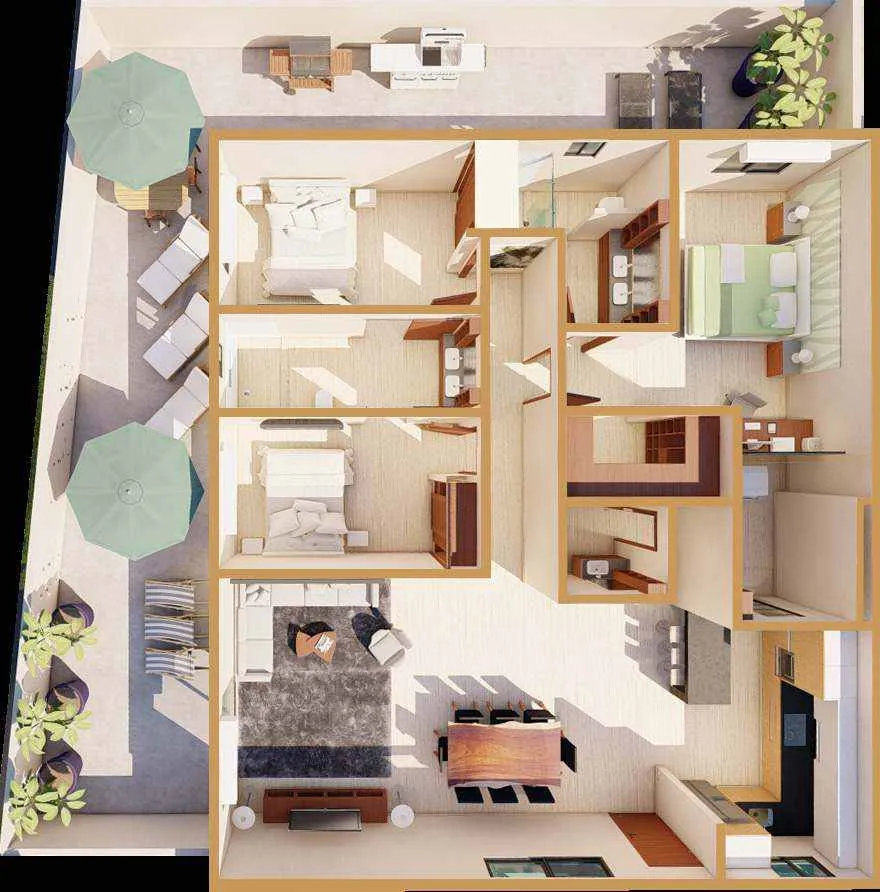 Plano de El Paraíso: tres recámaras, sala, comedor, cocina y terraza