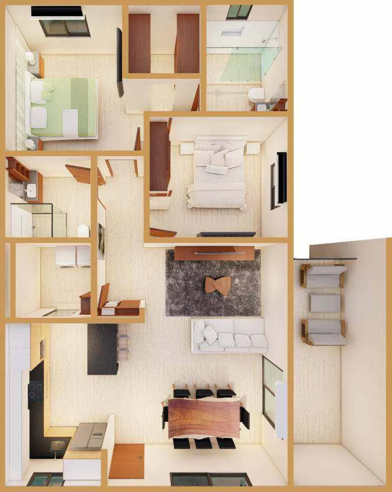 Plano de La Perla: recámara principal con vestidor y baño, segunda recámara, sala, comedor, cocina y balcón